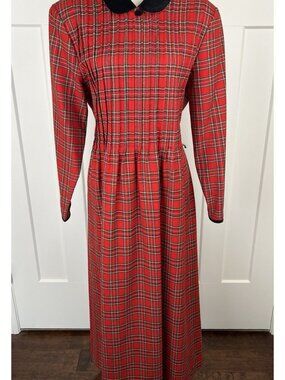 Vintage 80's Misty Lane Red Tartan Plaid Maxi Dress Velvet Collar USA Union Made